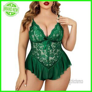 Plus Size Lace Bodysuit Teddy Chemise Sleepwear V Neck Mesh Babydoll